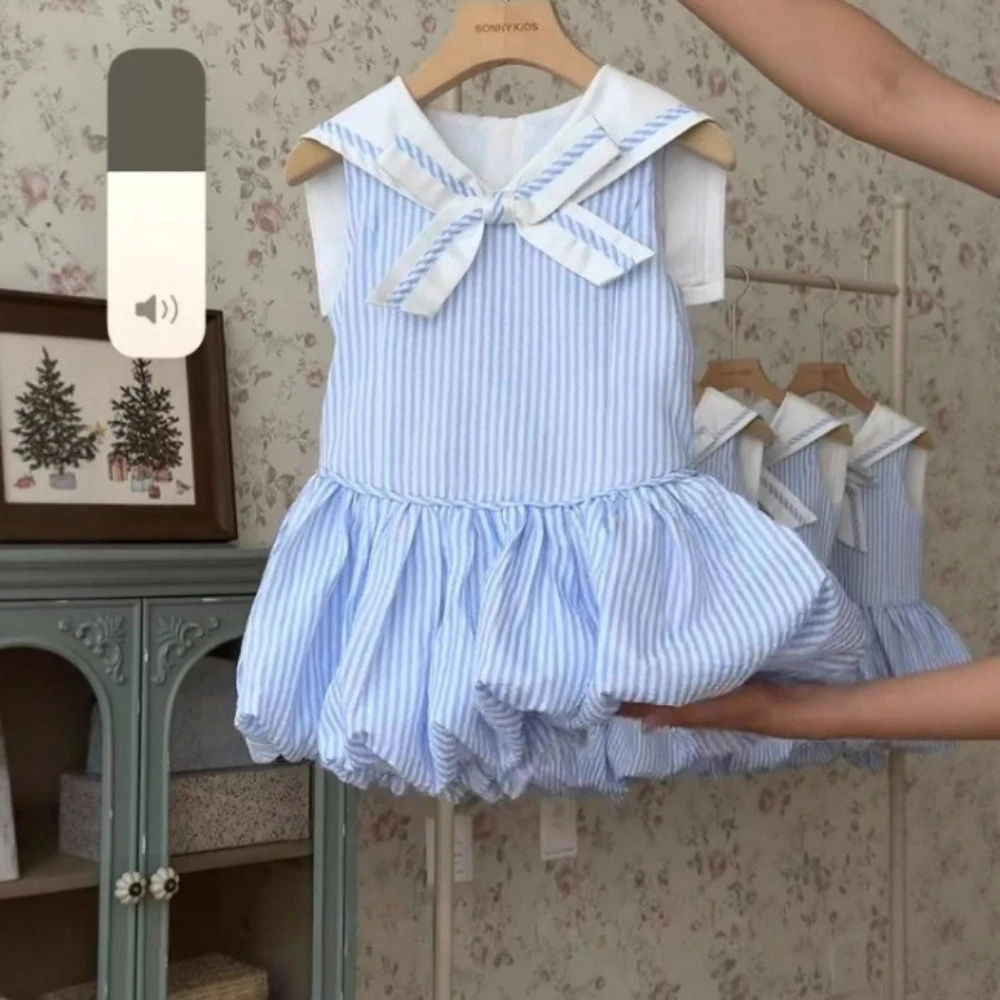 Bear Leader Summer Blue Striped Printed Princess Dress Sleeveless Collar Splicing Girls Dresses Korean Version Kids Casual Wear