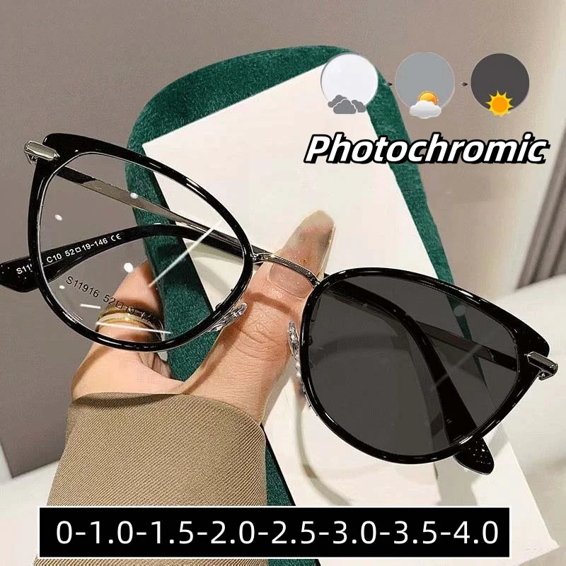 

Men Women Unisex Cat Eye Photochromic Eyewear Color Changing Myopia Glasses Fashion Traveling Driving Sunglasses Diopter To -4.0