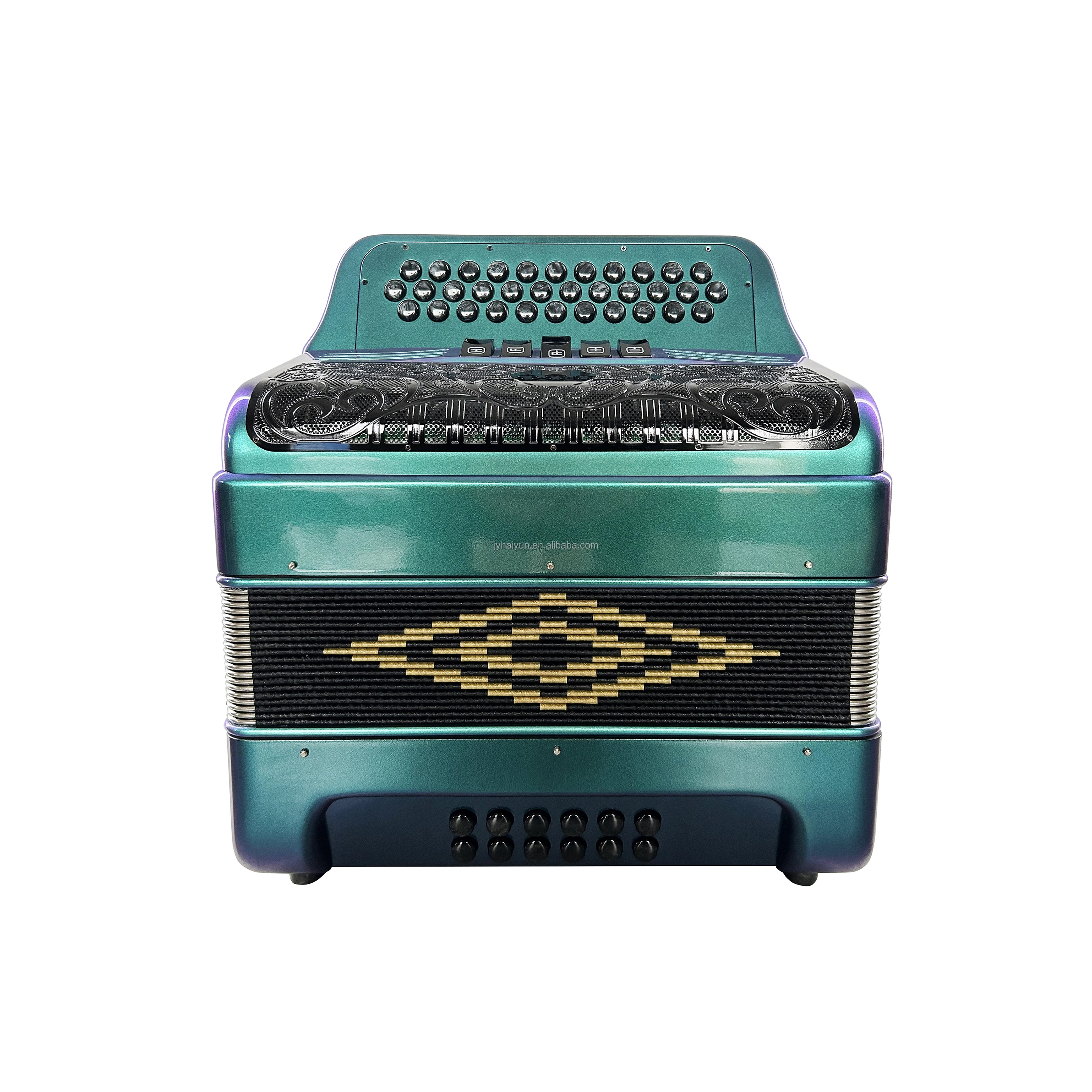 Professional Diatonic Accordion JB3412D 34-Button 12-Bass 5-Registers Green Chameleon with Black Buttons and Grill