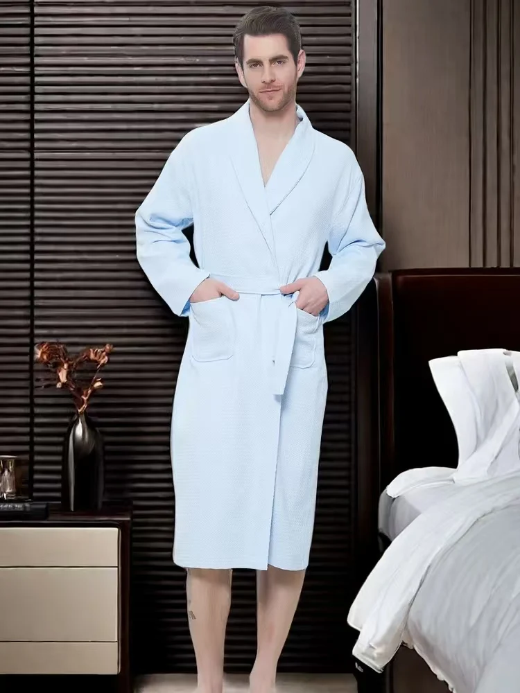 

Summer Waffle Bathrobe Men Cool Long Sleepwear Bath Dress Robe Gown White Hotel Soft Breathable Anti-wrinkle Summer Vocation