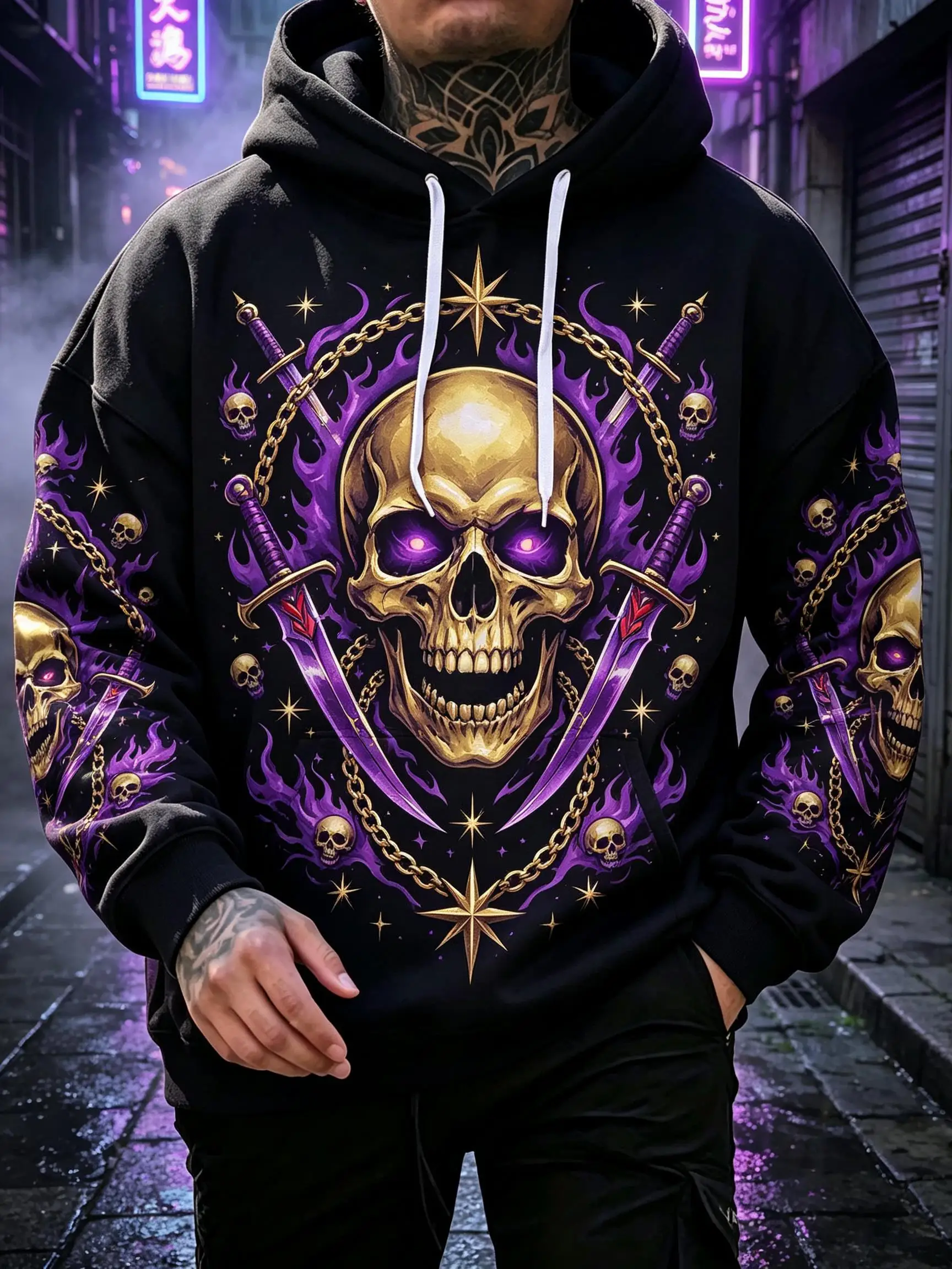 Men's Hoodie Black Purple Gold Skull Sword Print Breathable Stylish Pullover Sweatshirt for Gothic Party Daily Wear