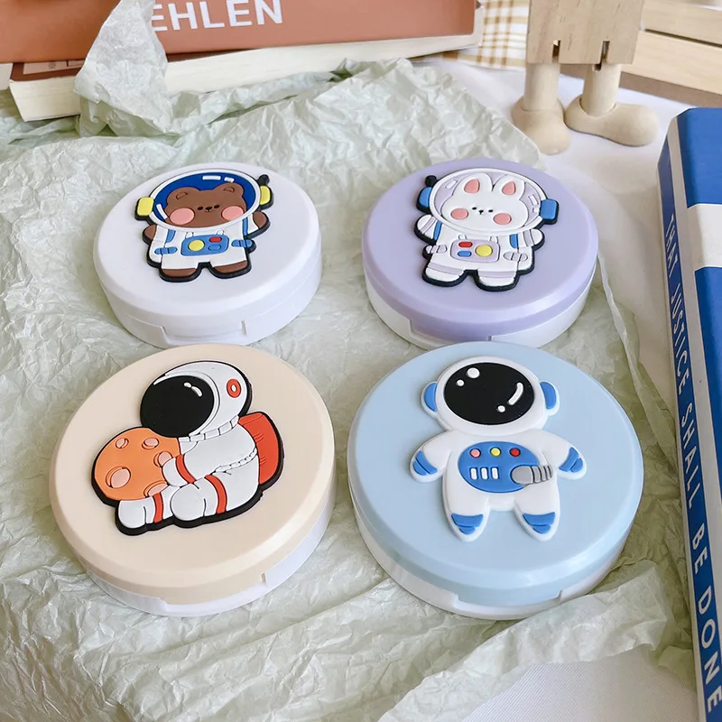 Cute Cartoon Astronaut Bunny Bear Round Contact Lens Case Women Mini Contact Lens Case Travel Kit Mirror Lenses Box Container