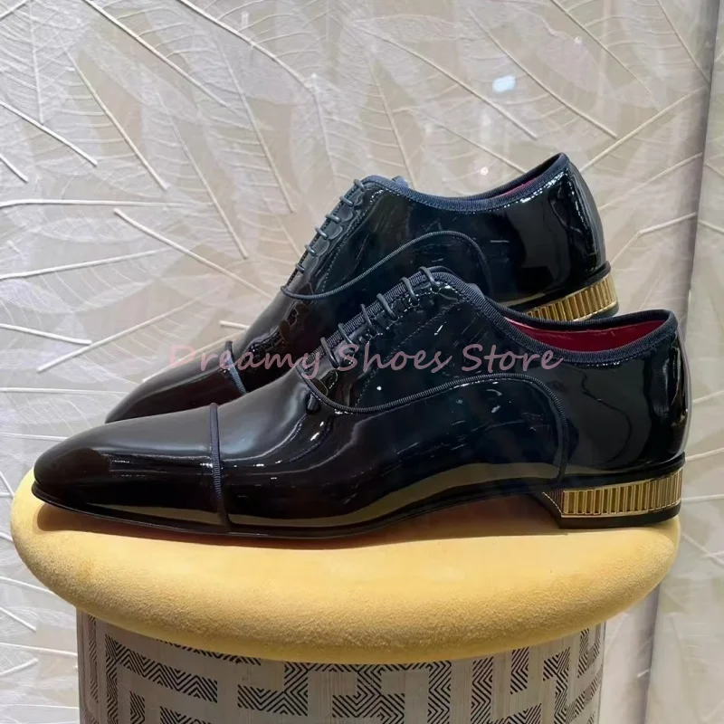 

Men's Black Patent Leather Lace Up Formal Shoes Square Toe Metal Decor Low Heels Oxford Shoes Men Luxury Party Wedding Shoes