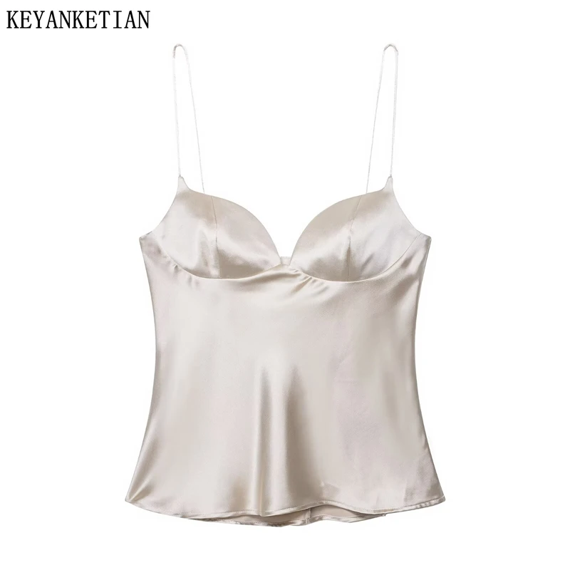 

KEYANKETIAN 2025 Summer New Inner Style Satin Spaghetti Strap Crop Top Sexy Backless Slim Women's Vest Solid color Camisole