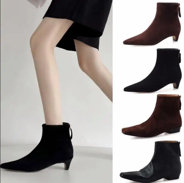 Drop Shipping Women Black Brown Suede Pointed Toe Zipper Back 2-4 CM Kitten Heels Ankle Boots Retro Short Ankle Booties Shoes