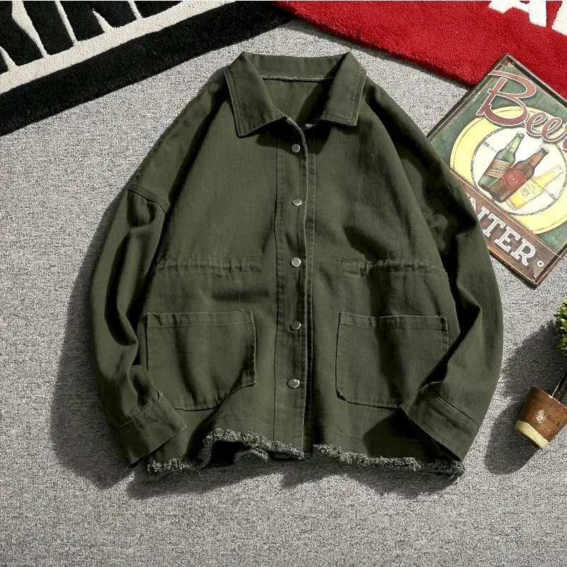 

Japanese Cargo Retro Jacket Men 2025 Spring Loose Large Size Army Green Denim Jacket Preppy Trendy High-end Simple Jacket Chic