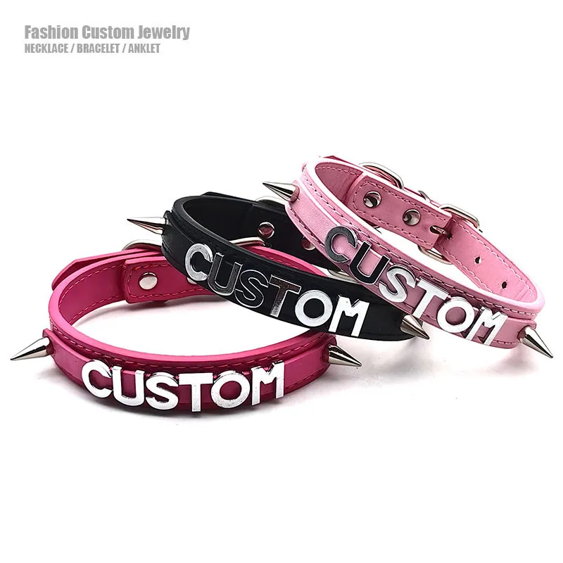 Sexy Hot Punk Rivet PU Leather Collars DIY Customized Glossy Letters Hotwife Choker Necklace Jewelry Cosplay Tools Party