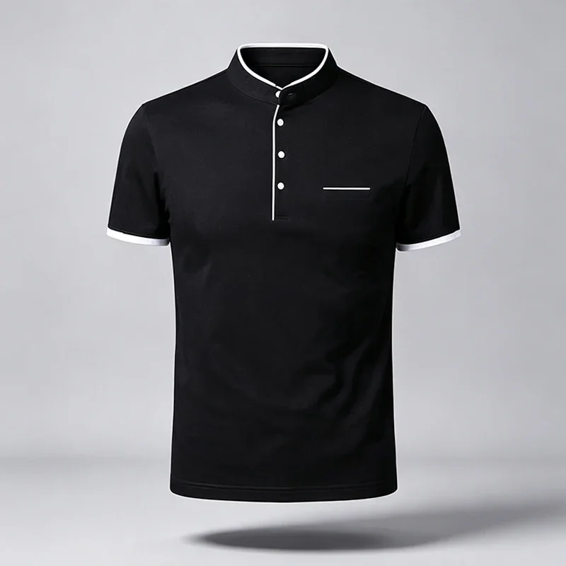 Mens Mandarin Collar Short Sleeve Polo Tee Neckline Decorative Pocket Contrast Edge Cuff Soft Wrinkle Resistant Office Blouse