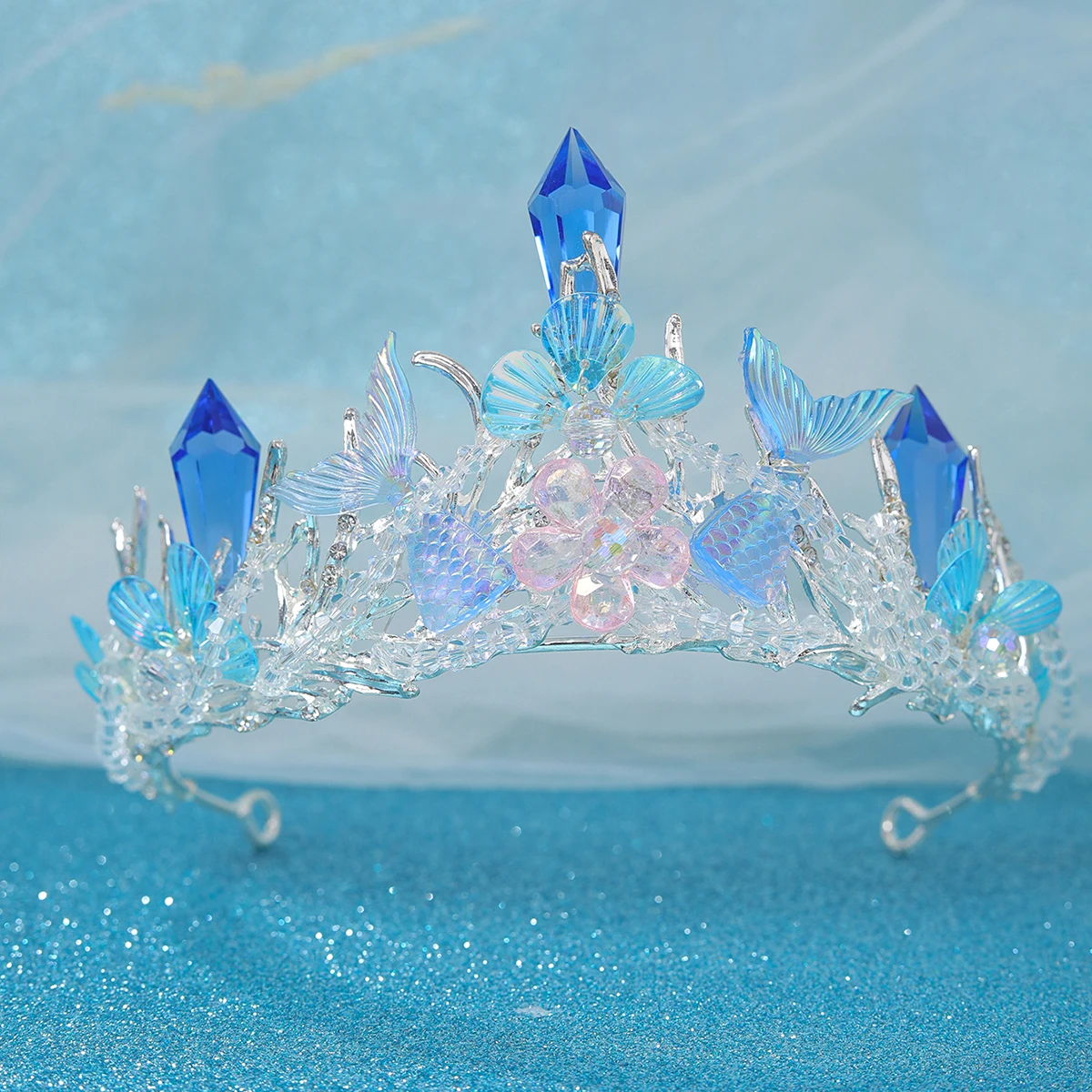 Moda srebrny złoty kolor kryształowa tiara ze strasami i korona gwiazdy ryba ręcznie robiona diadem księżniczki ślubne akcesoria do włosów dla nowożeńców — zdjęcie 6