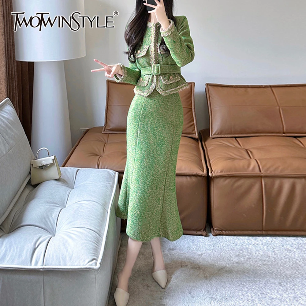 

TWOTWINSTYLE Green Spliced Sashes Two Piece Set Female O Neck Long Sleeve Jacket Elegant Temperament Women's Skirts Set Autumn