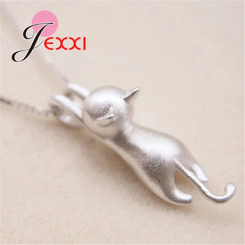 Real 925 Sterling Silver Pretty Cat Pendants Necklace Women/Girls Party Accessory Cute Animal Design Lady Gifts Jewelry