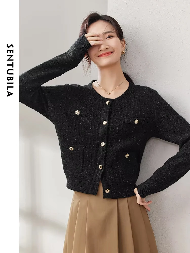 SENTUBILA Black Cardigan Knitwear for Women 2024 Fall Autumn Winter Knitted Sweater Long Sleeve Tops Elegant Round Neck Jumpers