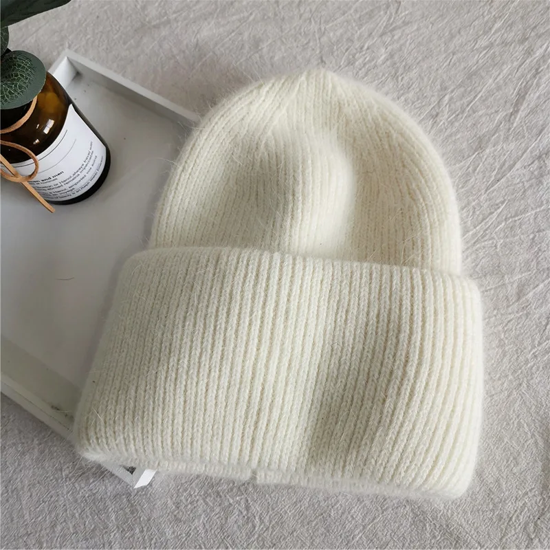 Mode warme Kaschmir Wolle Schädel Mütze Angola Kaninchen Fell Winter gestrickte Mützen Frauen Frauen Ski Outdoor einfarbige Hüte – Detail 4