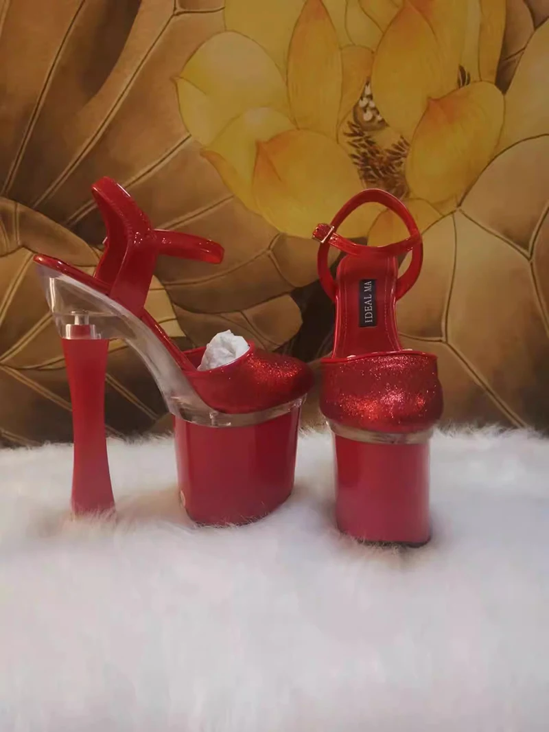 Plus Size Summer Party High Heels 18CM Round Heel Platform Sandals For Women Black Buckle Strap Fashion Model Catwalk Show Shoes