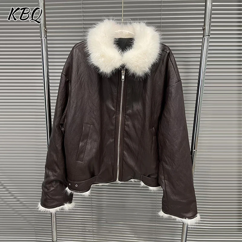 

KBQ Solid Spliced Fur Loose Casual Jackets for Women Lapel Long Sleeve Patchwork Zipper Minimalist Coat Female Fashion Winter