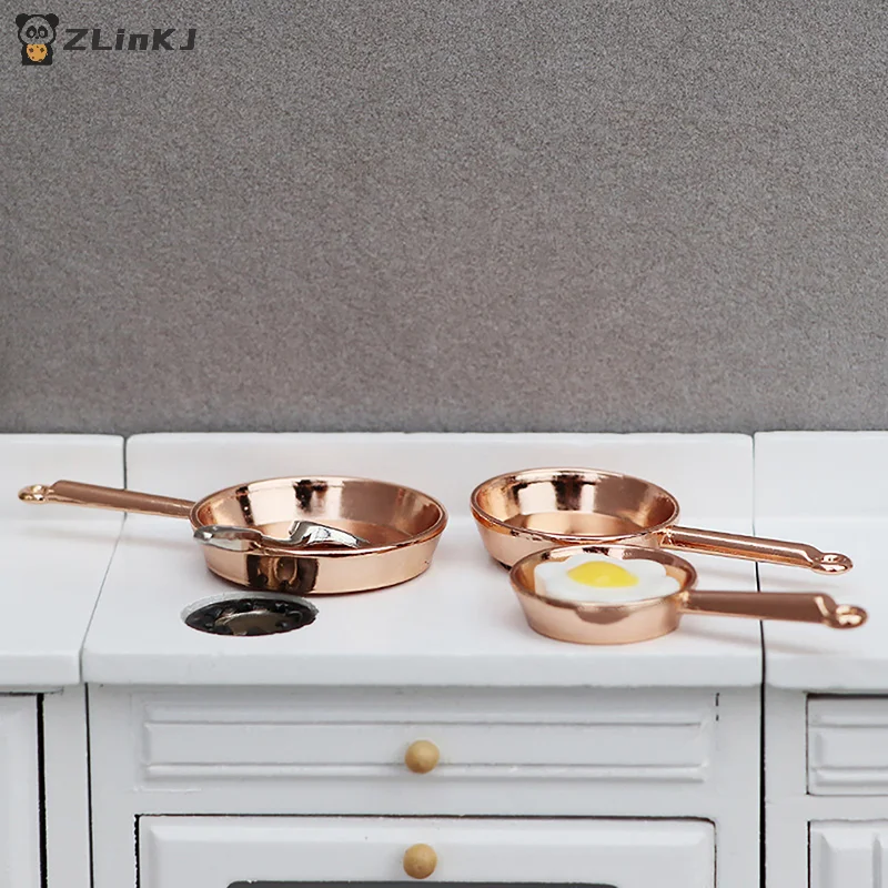 ▶3pcs/Set 1:12 Dollhouse Miniature Frying Pan Casserole Metal Cookware Kitchen Model Decor Toy Doll House Accessories