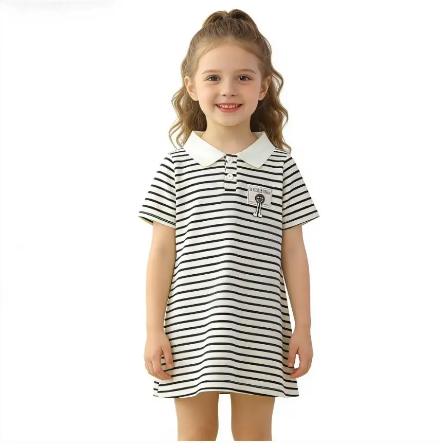 2026 Neues koreanisches Kinderkleid, Mädchen Sommer Casual Cartoon Gestreiftes Kurzarm-Prinzessinnenkleid mit Revers – Detail 4