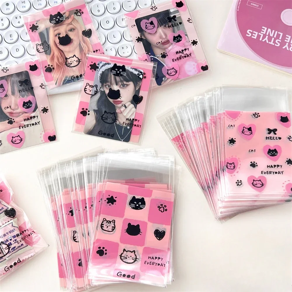 50Pcs Korean INS Cute Pink Black Kitten Opp Bag Kawaii Kpop 3-inch Photo Card DIY Packing Decor Bags Girls Gift Candy Packaging