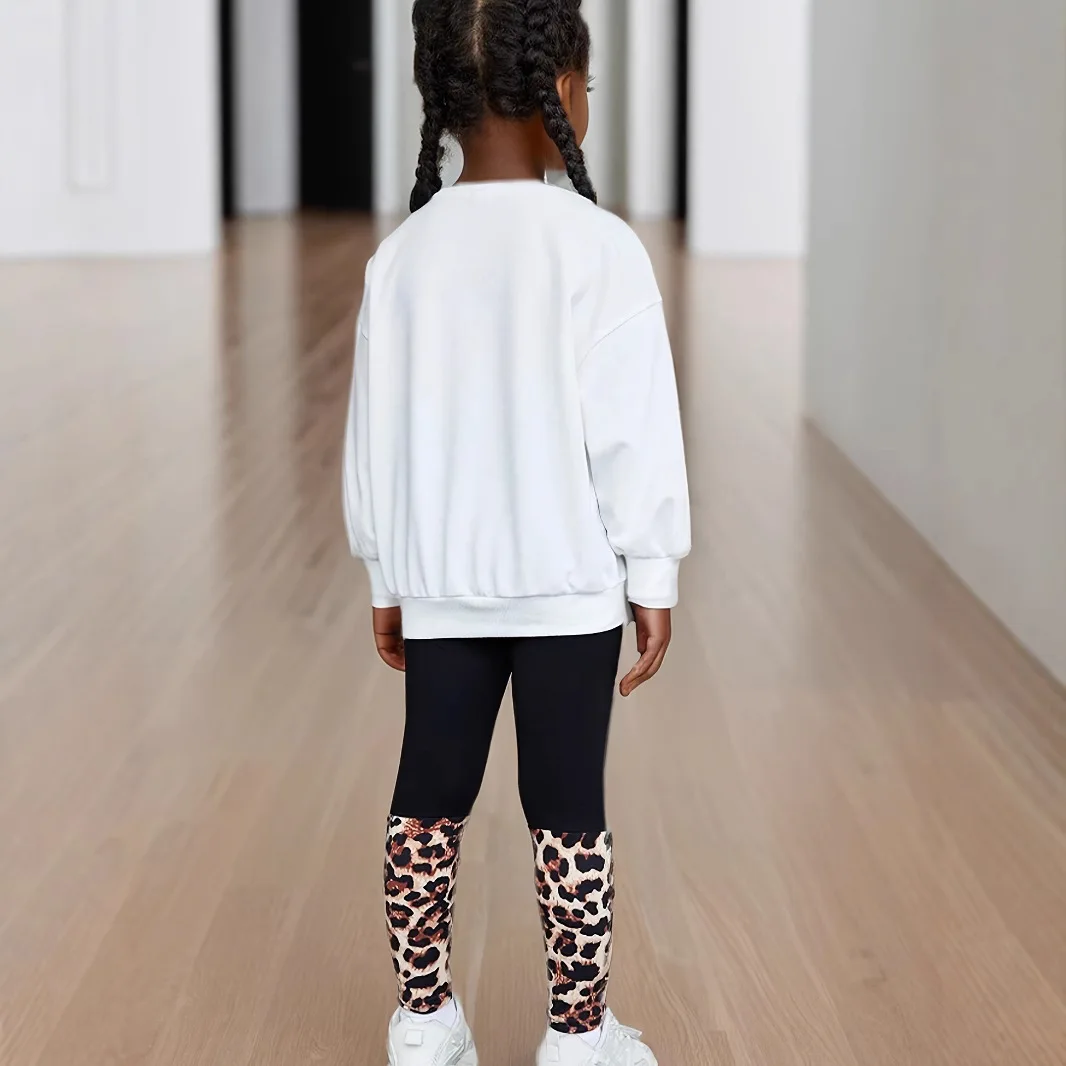 الفتيات ربيع الخريف أزياء الملابس مجموعات طفلة طويلة الأكمام الكرتون طباعة البلوز + ليوبارد ضيق بنطلون بدلة رياضية