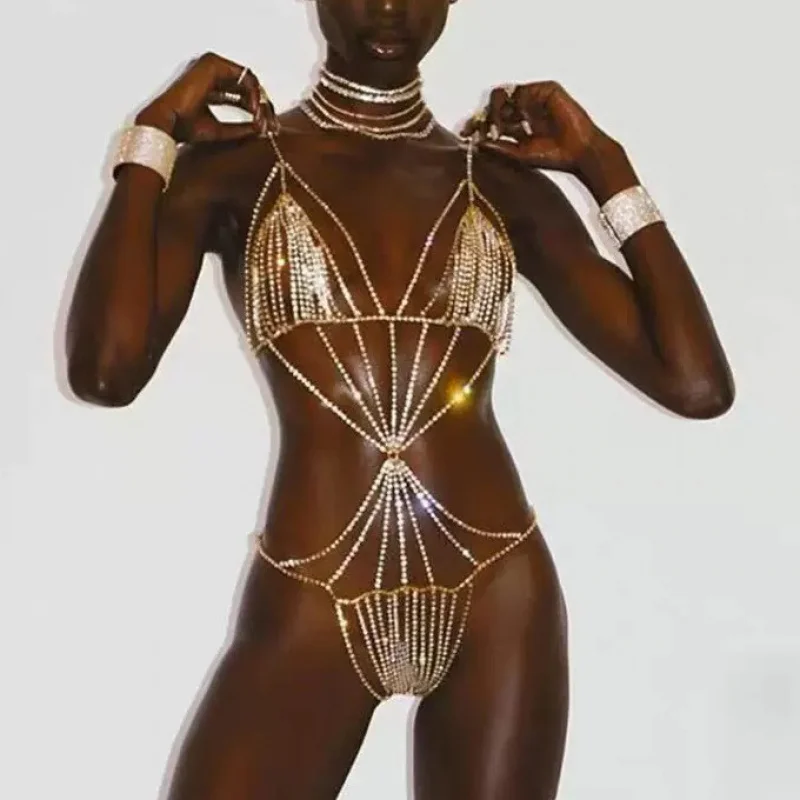 

Woman Body Chain Sexy Bikini Diamond Bra Siamese Underwear Chain Nightclub Flash Birthday Party Body Ornaments