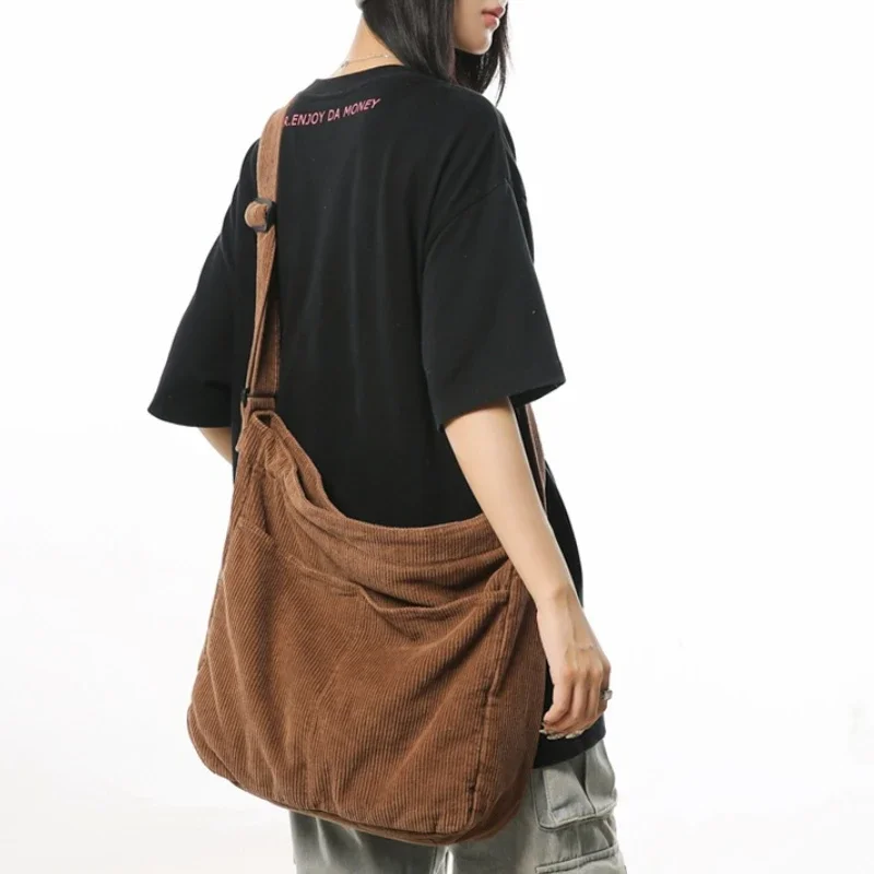 Japan Style Corduroy Wear Resistant Crossbody Bag Unisex Normcore Solid Colour Shoulder Bag College Student Couple Tote Bag