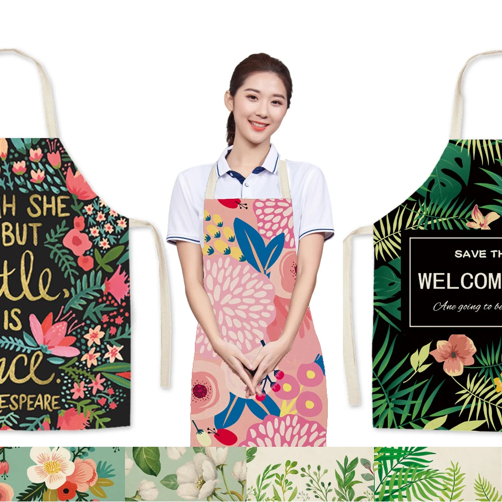 

Home Green Leaf Flower Pattern Printed Kitchen Apron For Woman Grill Work Apron Sleeveless Linen Aprons Cooking Cleaning Tool