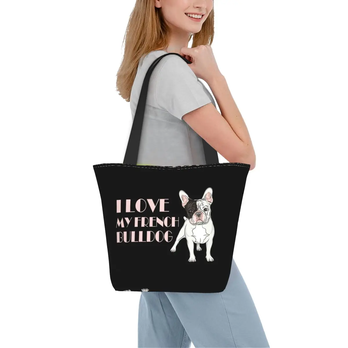 Custom French Bulldog Canvas Sacos De Compras Mulheres Mantimentos Portáteis Pet Puppy Dog Animal Frenchie Tote Shopper Bags