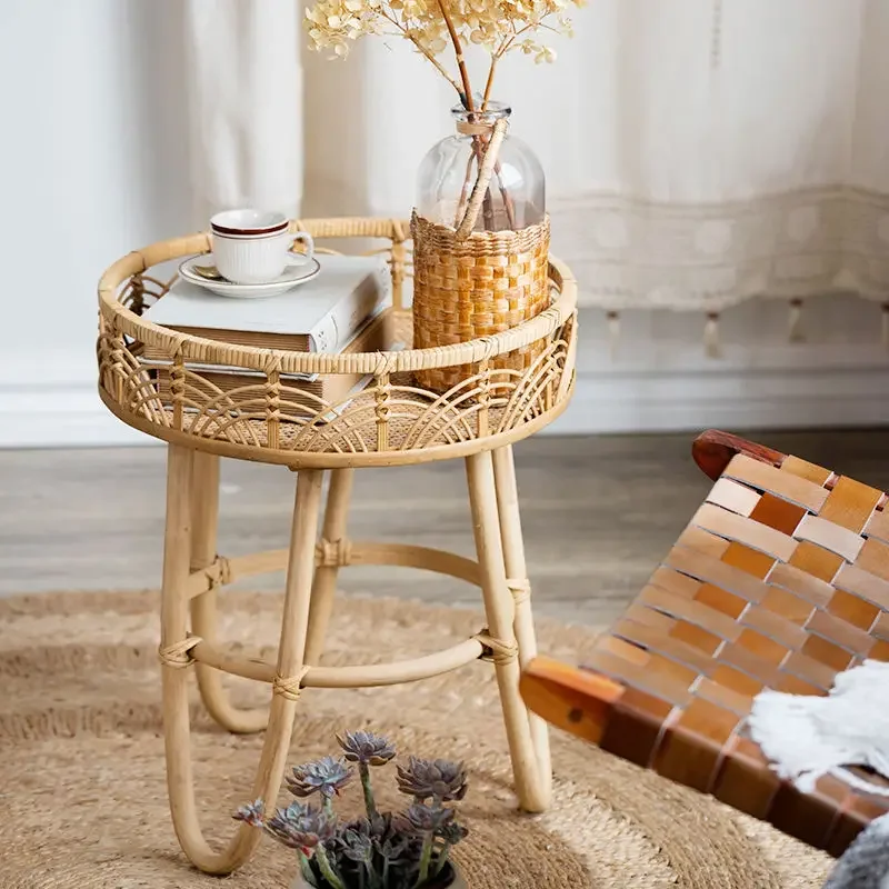 Natural Wood Rattan round Coffee Table Leisure Light Luxury Living Room Garden Low Tea Table Home Furniture Desk