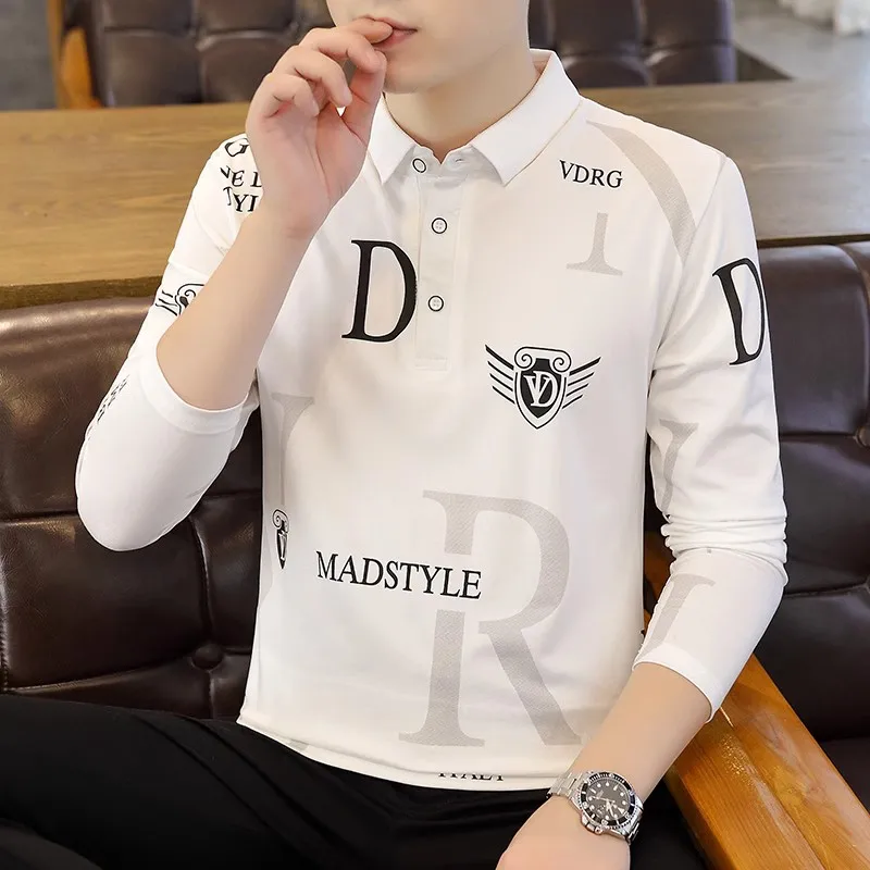 

Мужская модная повседневная футболка с длинным рукавом из чистого хлопка с принтом и отложным воротником, молодежная, для весны и осени