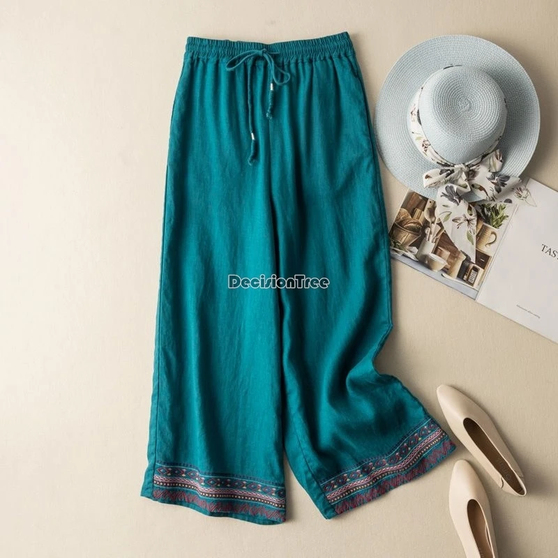 2024 chinese ethnic solid color embroidery cotton linen pants casual daily comfortable loose  trousers shrink high waisted pants