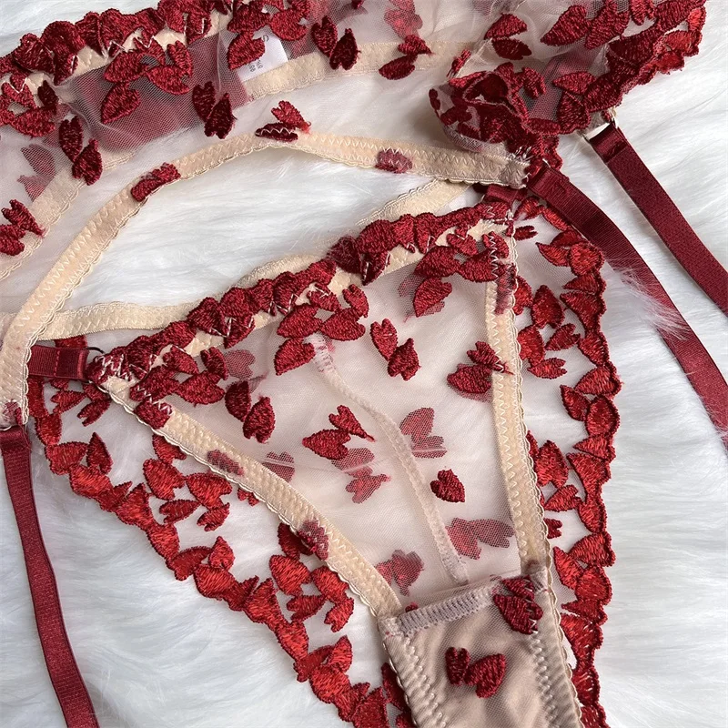 Aduloty Women Sexy Underwear Heart-shaped Embroidery Splicing Strap Erotic Lingerie Summer Thin Mesh Perspective Bra Set