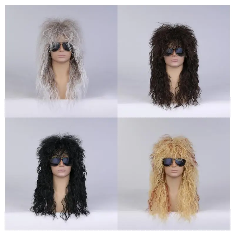 Men's Mullet Wig Long Curly Hair Wig Kiss Wig 80s Rocker Synthetic Wigs For Male Halloween Cosplay DIY Role-Playing Costume Wig