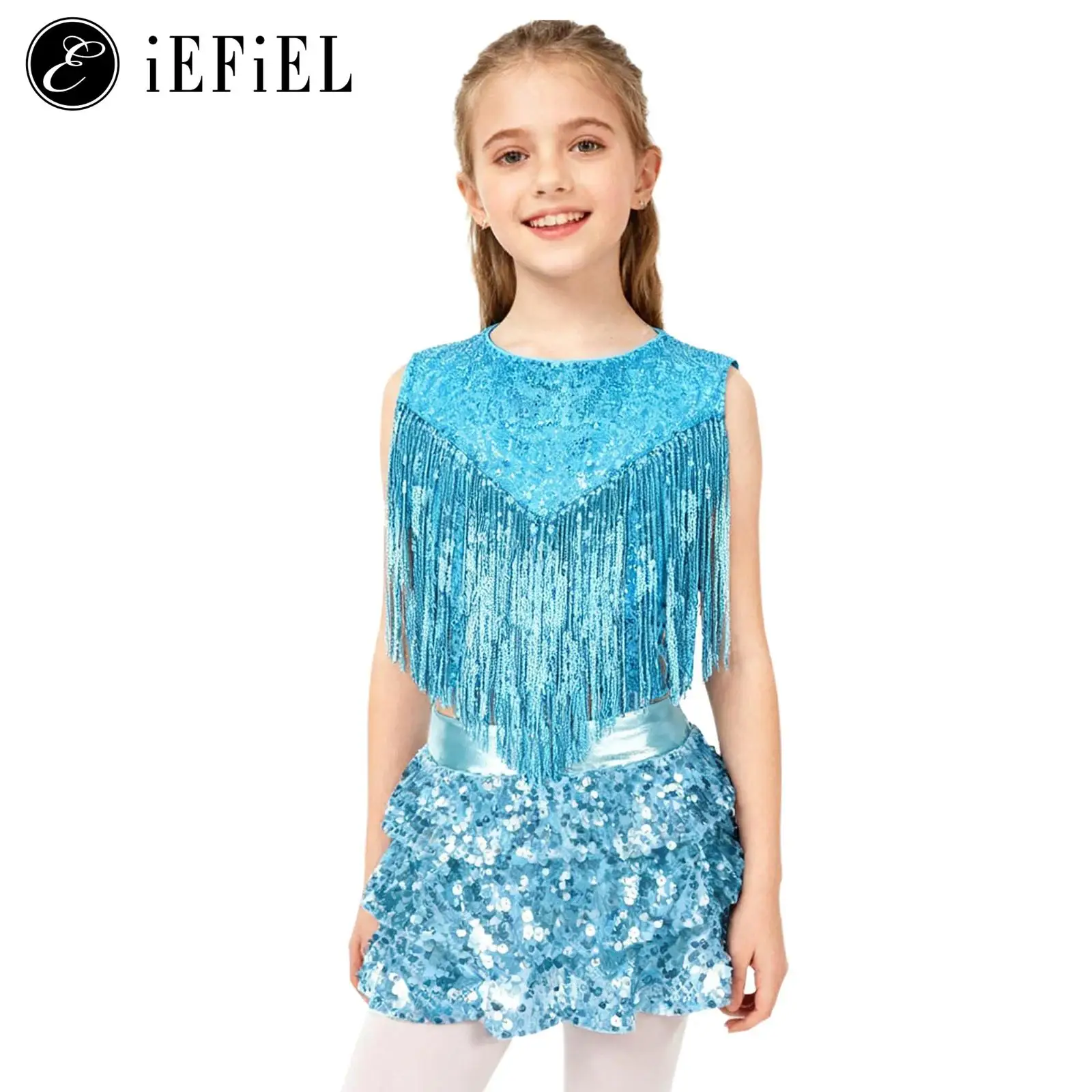 

Kids Girls 70S Disco Costumes Jazz Dance Outfit Metallic Sequin Tassels Crop Top with Tiered Skirted Shorts Culottes Dancewear