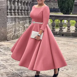 Luxury Dresses for Woman O Neck Full Sleeve Belt Waisted High Waisted Pleated A Line Ankle Length Elegant Female Birthday Gowns