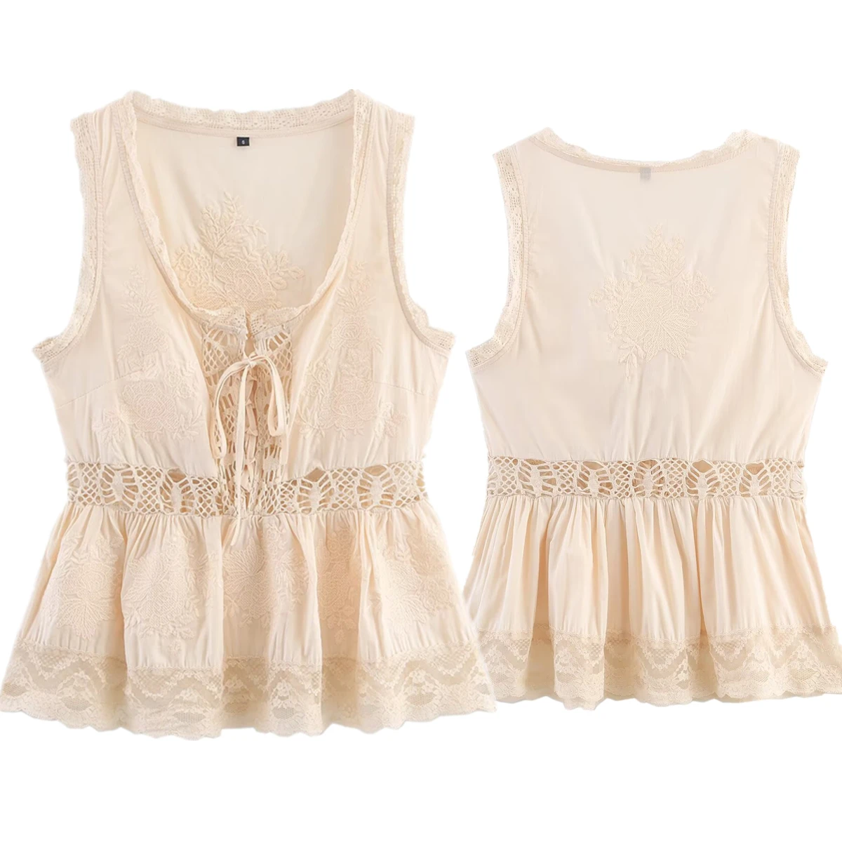 

Withered French Style Holiday Cotton Lace Embroidered Shirt Minimalist Lazy Off-white Sleeveless Shirt For Women Tank Tops
