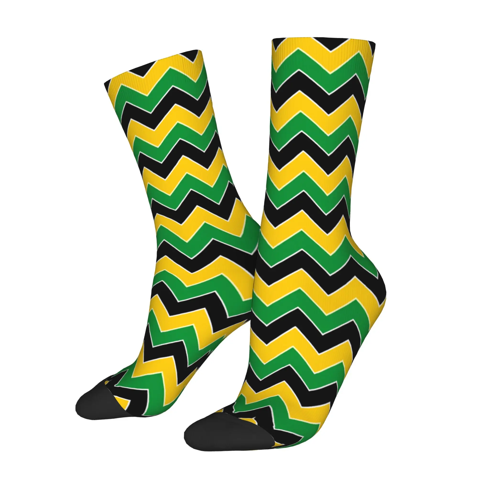 Jamaica Chevron Zig Zag Geometric  Men Women Crew Socks Unisex Cute Black Green Yellow Spring Summer Autumn Winter Dress Socks