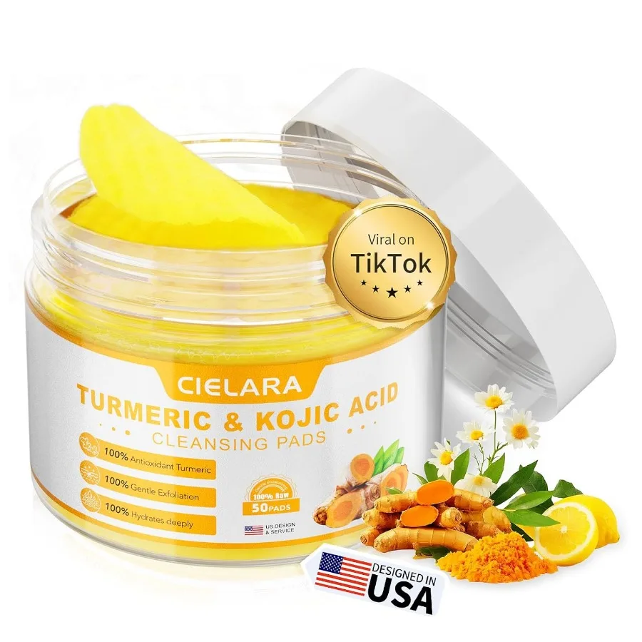 

Turmeric Kojic Acid Cleansing Pads for Dark Spots Remover for Face Lemon Turmeric Pads with Vitamin C E Deep Clean Pores Hydrat