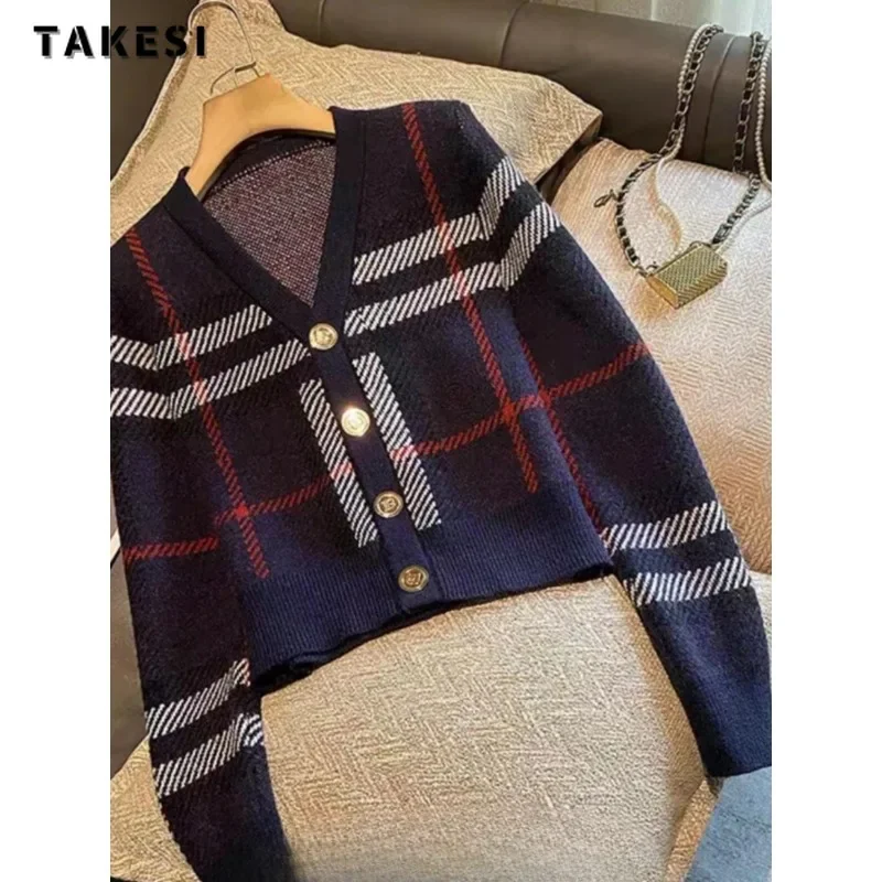 2024 Autumn Vintage Fashion Casual Single Breasted Sweater Women Knitting Long Sleeve Jumpers V-neck Loose Plaid Cardigans