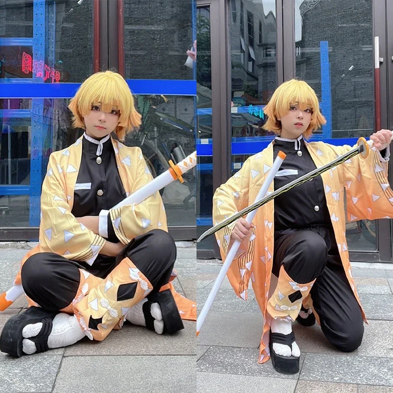 Anime agatsuma zenitsu cosplay traje quimono roupas festa uniforme peruca feminino crianças preto amarelo vestido trajes de halloween