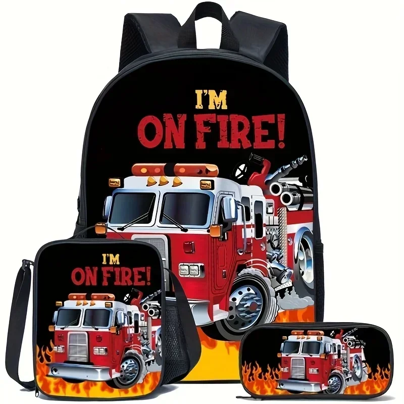 Custom Fire Truck Themed Backpack Set, Suitable For Daily Commuting ThreePiece Shoulder Bag Set, For Teenager