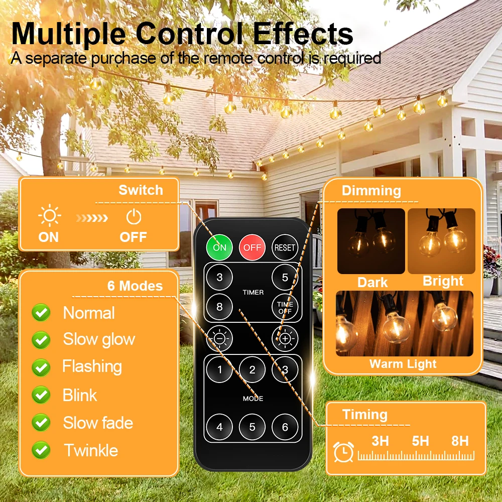 G40 Solar String Lights Globe Outdoor Patio Light E12 DC 3V Shatterproof LED Bulbs Solar Powered Hanging Lights for Garden Porch