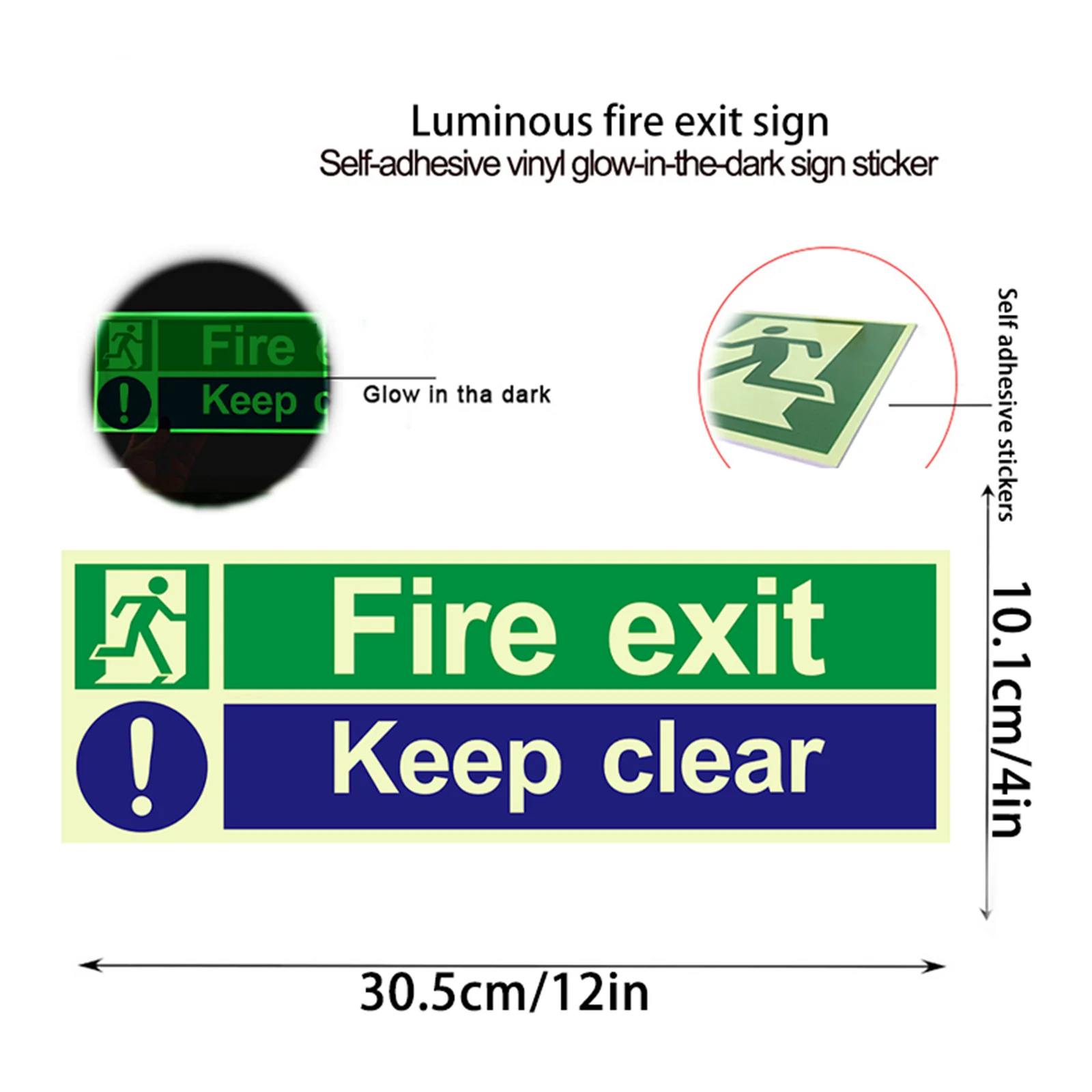 1 Sheet - 4*12In/10.1*30.5Cm Luminous Fire Exit Indicator Reminder Label Sticker 