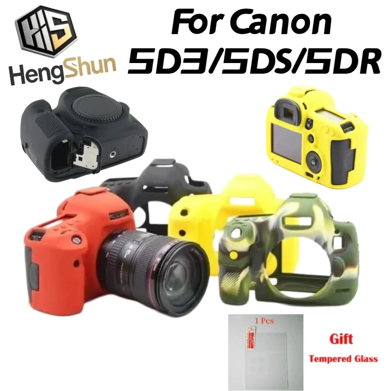 For Canon 5D3 5DS 5DR Soft Silicone Camera Case Shock‑Proof Anti‑Scratch Protective Cover + Free Tempered Glass Screen Protector