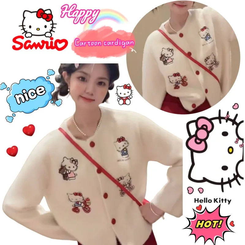 

Sanrio hello kitty, дорогой креативный новый свитер с вышивкой из мультфильма, кардиган в ленивом стиле с круглым вырезом, пальто, женский свитер, топ