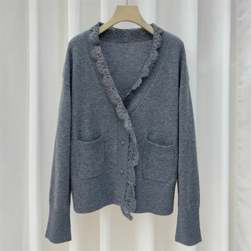 여성용 가디건 2025 겨울 신상 싱글 브레스티드 슬림핏 긴팔 탑 울 혼방 여성 스웨터 레이스 패치워크 니트웨어