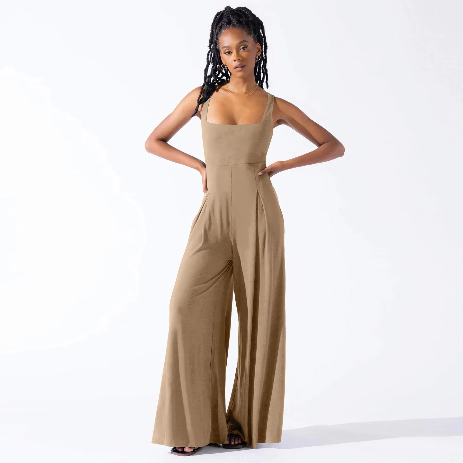 Women's Summer New Fashion Casual Sexy Broad Leg Rompers with Square Neck and Backless Solid Color Slim-fit Jumpsuit Long Pants