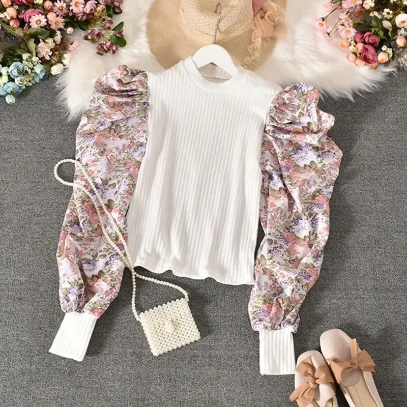 

Black Puff Sleeve Elegant Floral Print Spliced Knit O-Neck Pullover Loose Women's Blouse Shirt Female Clothing Tops Fashion 2025