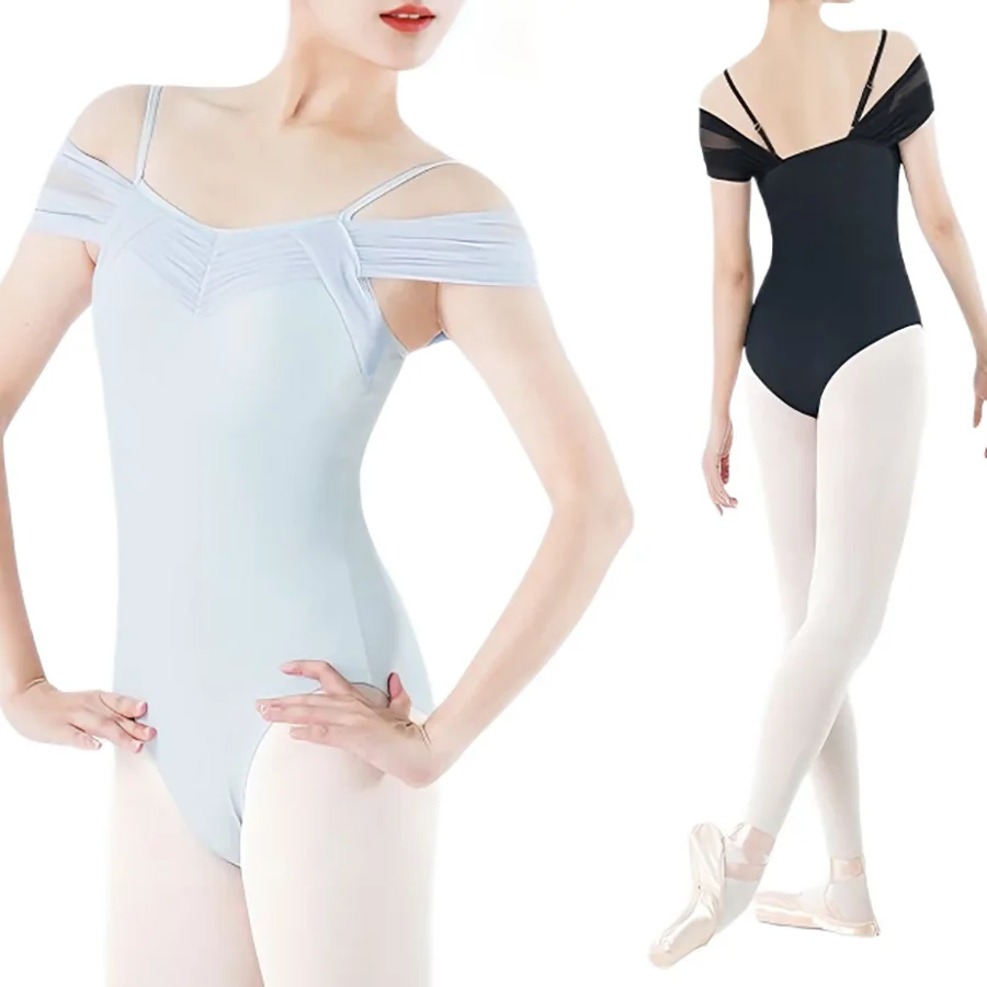 Off Shoulder Mesh Sleeve Ballet Leotard for Women, Black High Elastic Dance Bodysuit for Gymnastics & Training
