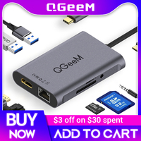 QGeeM 8 In 1 USB C Hub for Macbook Pro USB Hub 3.0 Adapter PD HDMI RJ45 TF SD 3.5mm Aux Type C Hub for iPad Pro Splitter Dock