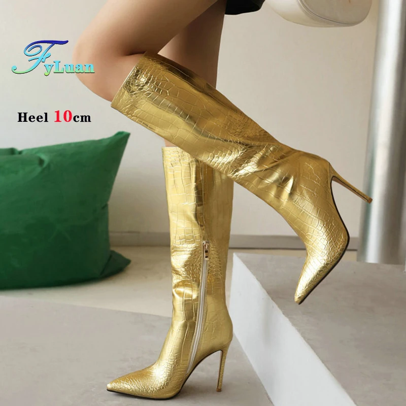 

Handmade Patent Leather Knee High Women Boots Fashion Pointed To Gladiator Boots Shiny Snakeskin Pattern Winter Boots Big Size